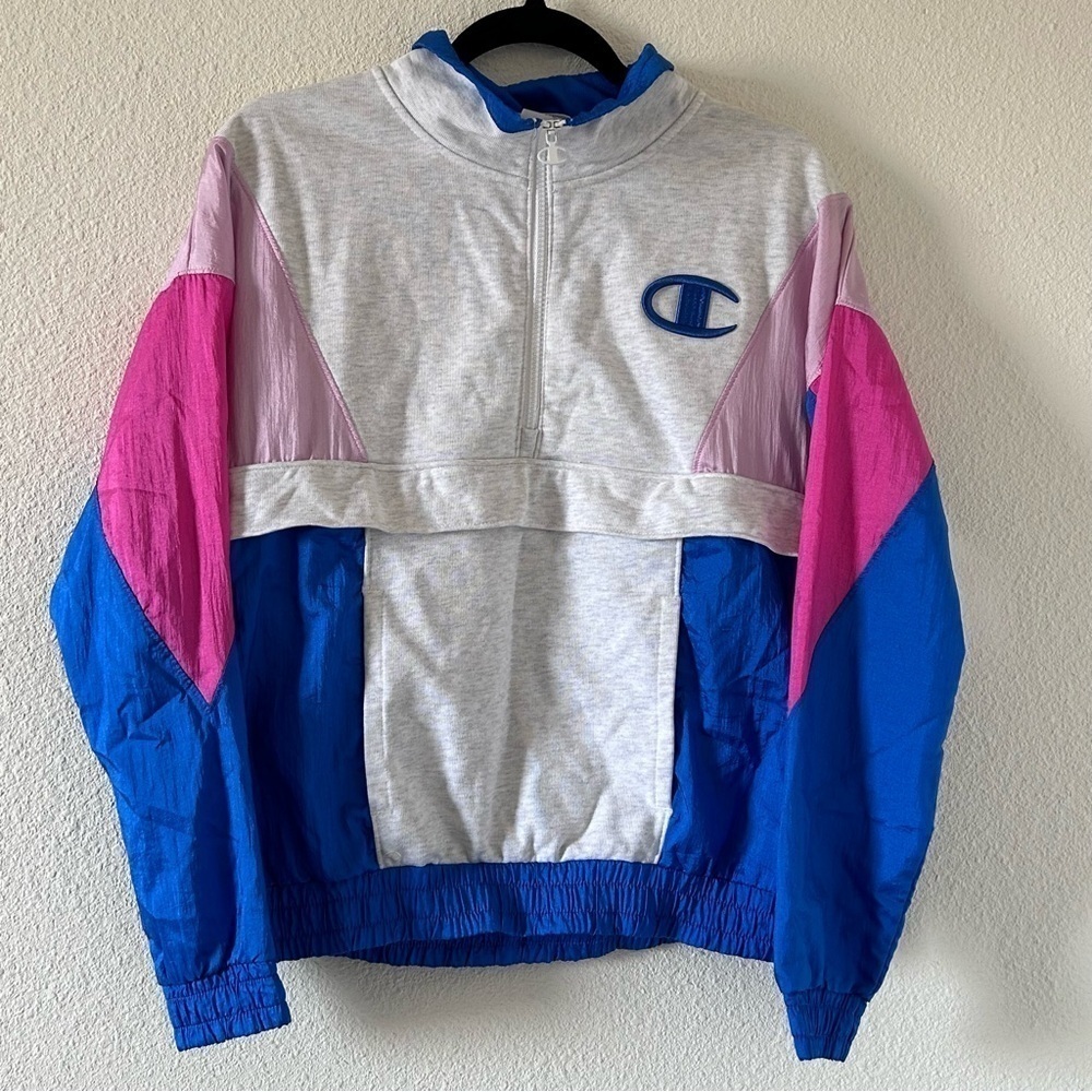 Champion Women Small Multicolored Popover Windbreaker Sweater Mix Media half Zip